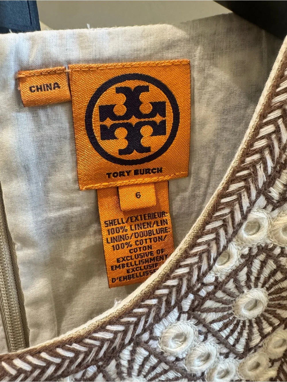 Tory Burch 100% Linen Beige Embroidered Sleeveless Dress With Mirror Detail